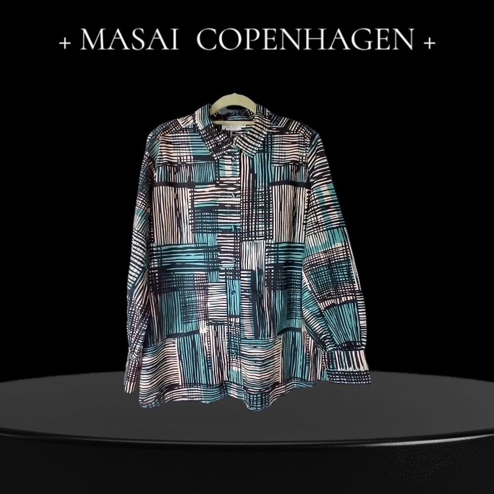 NWT Masai Copenhagen Malngrida Stripe Teal A-Line Blouse Size Medium 100% Cotton
